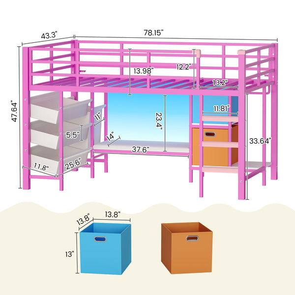 Twin Size Low Loft Bed with LED Lights, Bookshelf & Storage