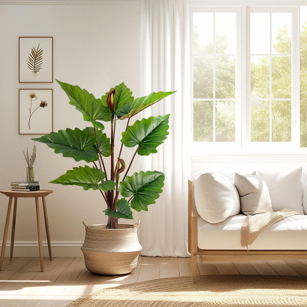 55in Tall Artificial Elephant Ear Plant – 9 Large Faux Tropical Leaves, Indoor Outdoor Decor