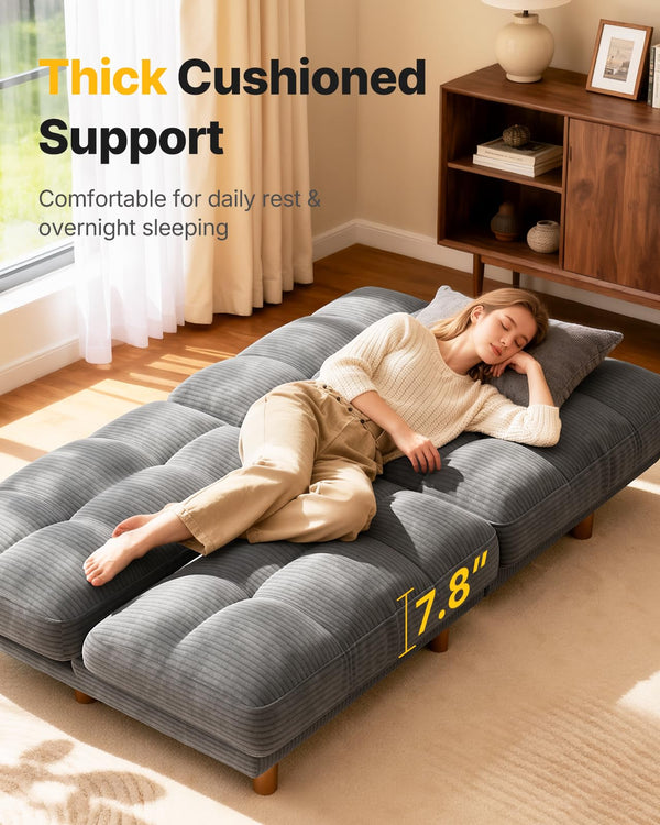 65" Convertible Futon Sofa Bed – Corduroy Fabric, Grey