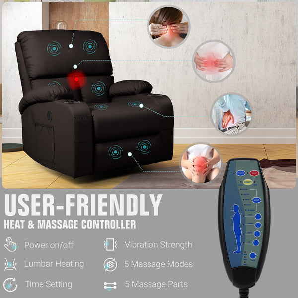 Swivel Rocker Recliner Chair with Massage, Heat & USB Charging