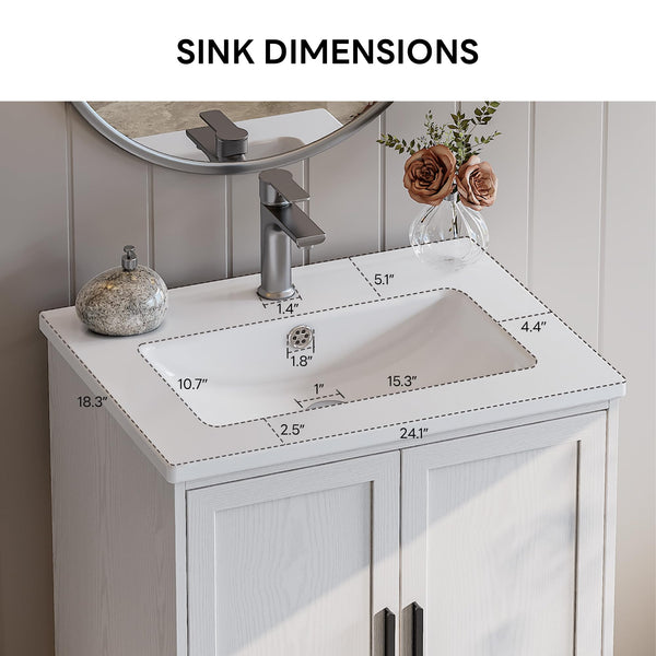 24" Bathroom Vanity with Ceramic Sink, 2 Doors, 1 Drawer & Solid Wood Legs – White