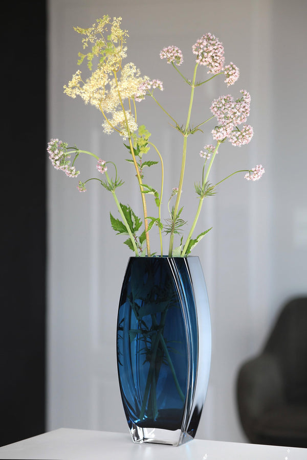 Blue Teal Glass Vase 10.25" Tall Oblong Decorative Flower Vase