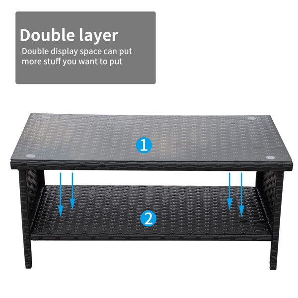 Outdoor Wicker Coffee Table with 2-Layer Glass Storage