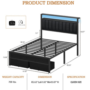 Queen Bed Frame with LED Lights, Charging Station & Storage Drawers