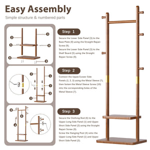 Solid Wood Coat Rack with 2 Shelves & 5 Hooks – Freestanding Clothes Stand