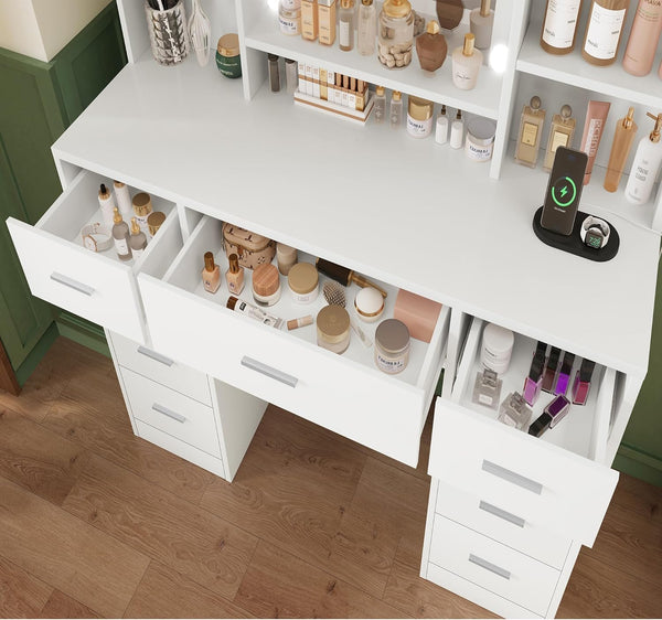 White Vanity Desk with Mirror, Lights & 9 Drawers
