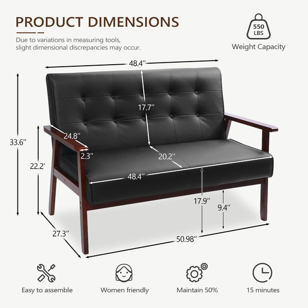 Mid-Century Modern Loveseat Sofa – Faux Leather, 2-Seat