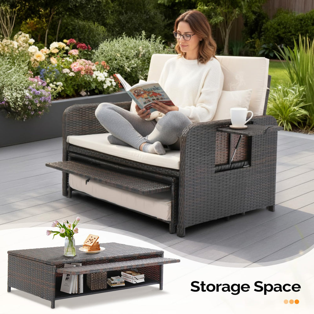 Convertible Patio Daybed with Storage Ottoman & Adjustable Backrest