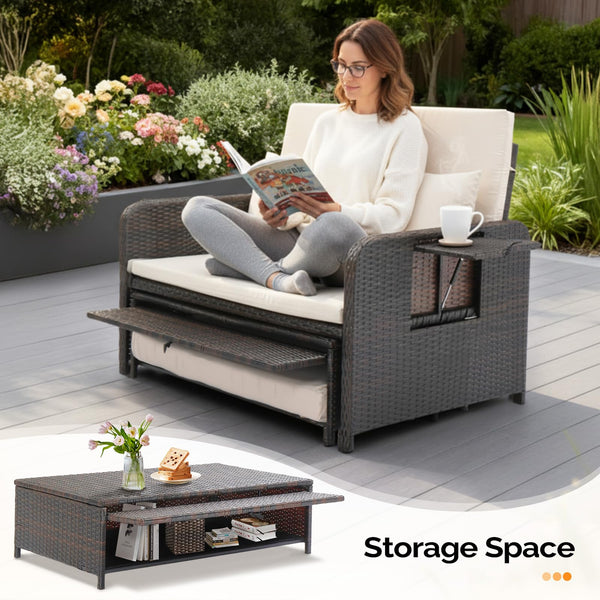 Convertible Patio Daybed with Storage Ottoman & Adjustable Backrest