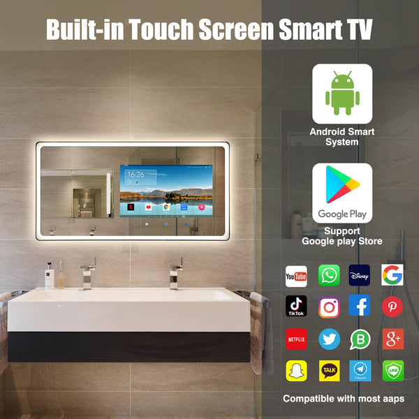 Smart Bathroom Mirror TV with LED Lights & Anti-Fog
