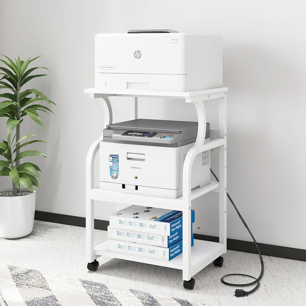 3-Tier Rolling Printer Stand with Adjustable Shelf and Power Outlets