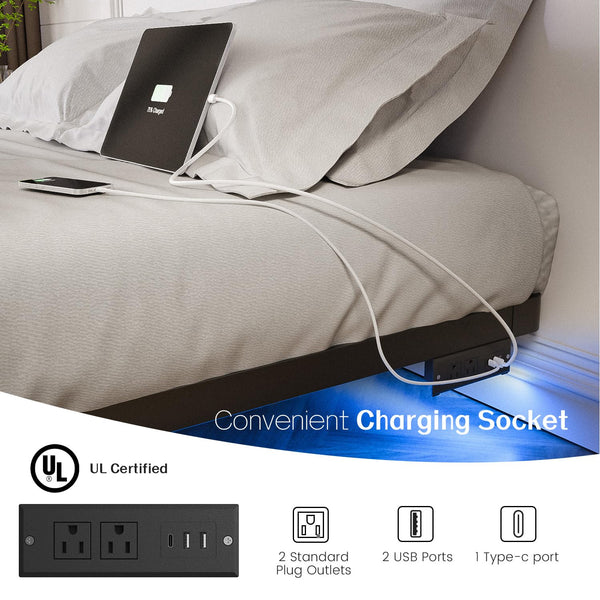 Floating Bed Frame with LED Lights & Charging Station