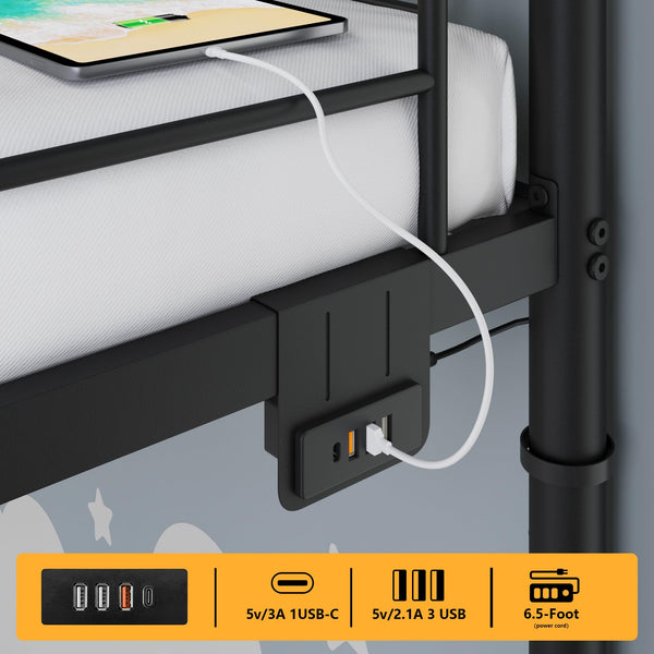 Twin Over Twin Metal Bunk Bed with LED Lights & USB Charging