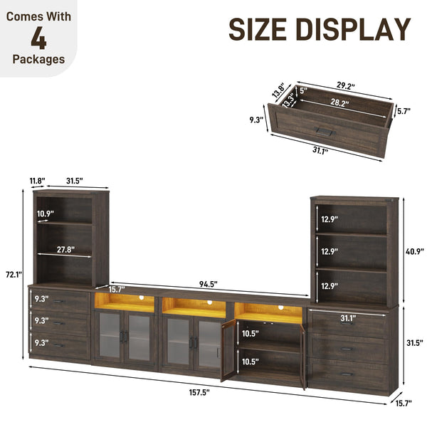 4-Piece Entertainment Center with Bookshelves, 157"W