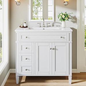 36-Inch Bathroom Vanity with Sink, 4 Drawers & 2 Doors, Solid Wood Frame