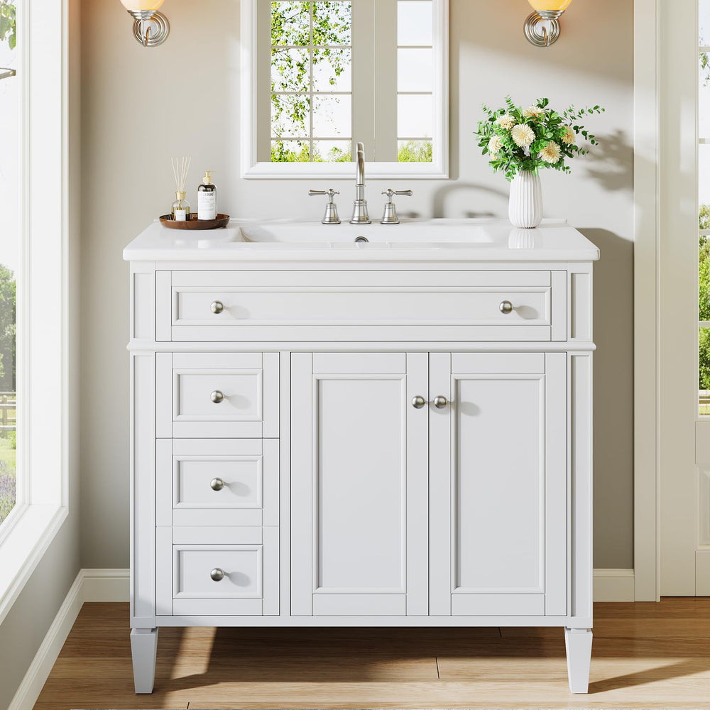 36-Inch Bathroom Vanity with Sink, 4 Drawers & 2 Doors, Solid Wood Frame