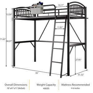 Twin Metal Loft Bed with Guardrails & Convertible Ladder