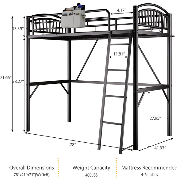 Twin Metal Loft Bed with Guardrails & Convertible Ladder