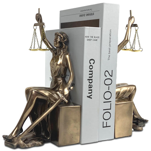 Lady Justice Statue Bookends – Gold Metal & Resin, Set of 2