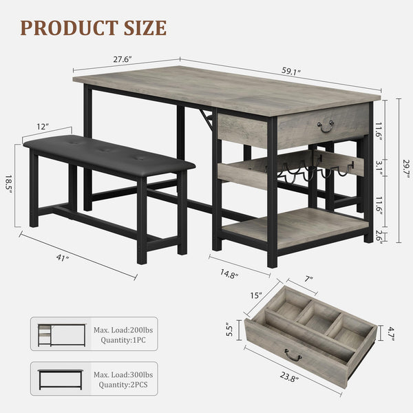 3-Piece Dining Table Set with Storage Drawers & Wine Rack