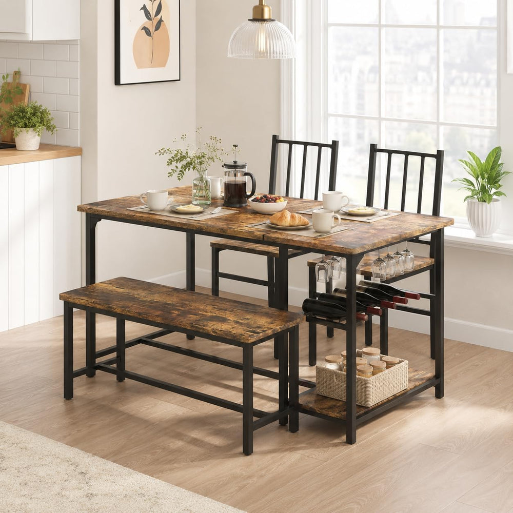 4-Person Dining Table Set with Bench, Wine Rack & Storage