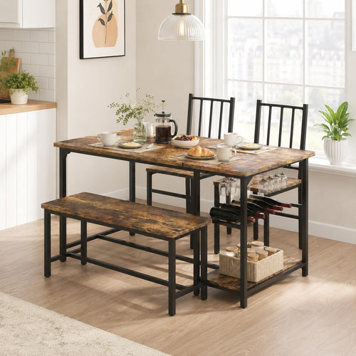 4-Person Dining Table Set with Bench, Wine Rack & Storage