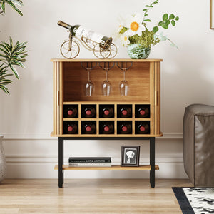 Wine Bar Storage Cabinet with Sliding Doors & Glass Holder