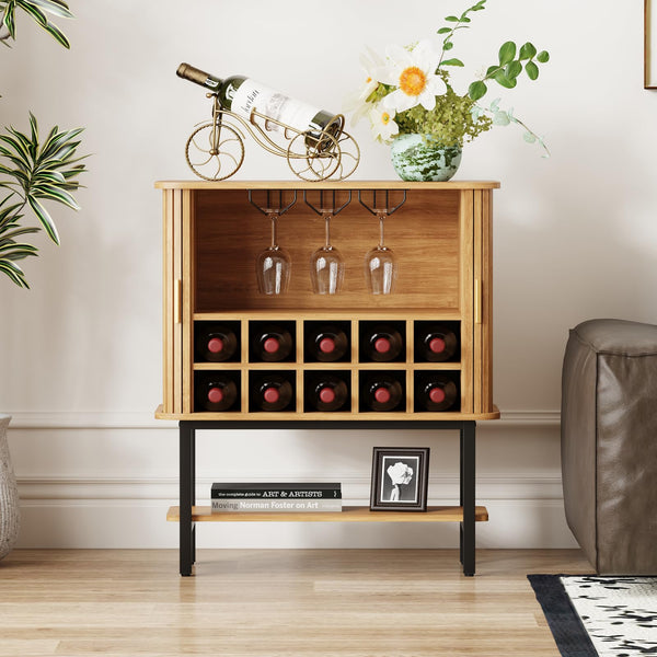 Wine Bar Storage Cabinet with Sliding Doors & Glass Holder