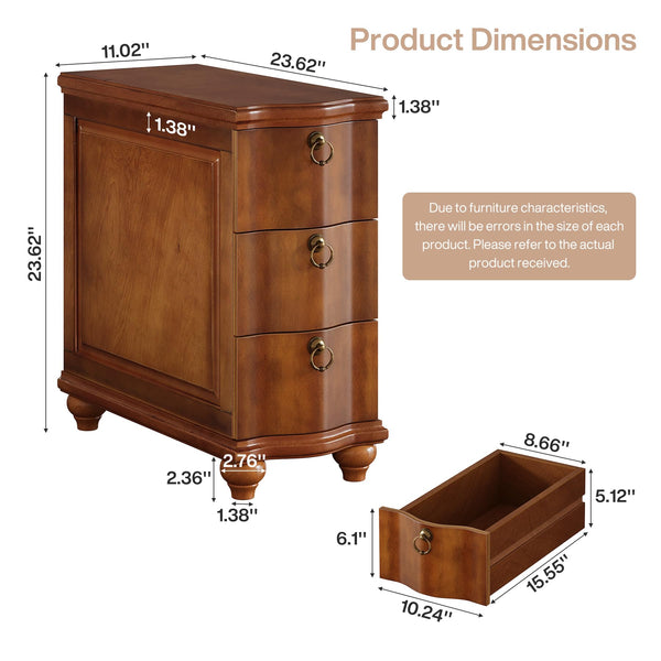 Walnut Brown 3-Drawer End Table with Solid Wood Legs