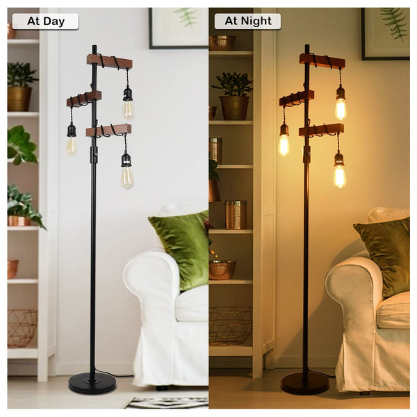 Wood Floor Lamp with Dimmable 3-Head Design