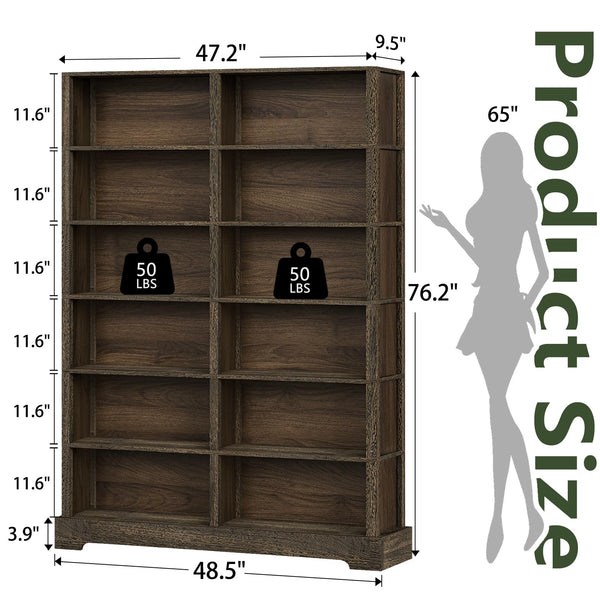 5-Tier Wood Bookcase, 47" Wide & 64" Tall with Storage