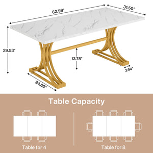 63-Inch Rectangular Dining Table with Faux Marble Top & Metal Legs