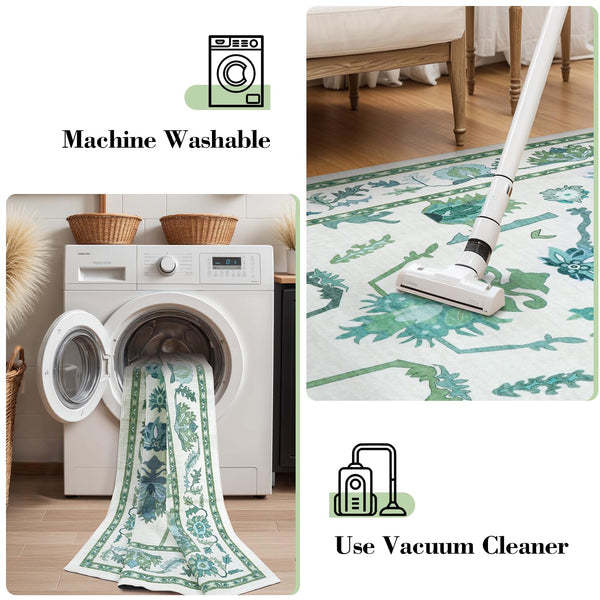 Washable Oushak Area Rug – Floral, Non-Slip, Low Pile
