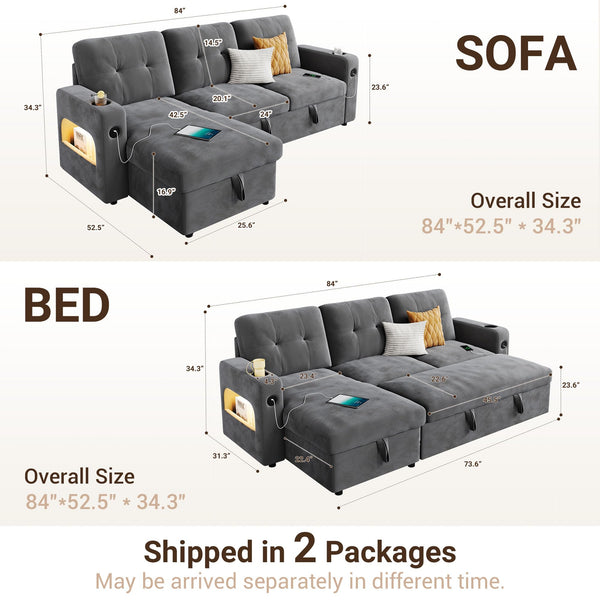 L-Shaped Sleeper Sofa with Storage & Charging Station
