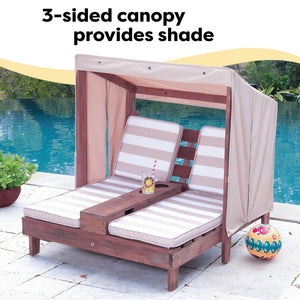 Kids Outdoor Double Chaise Lounge with Canopy & Cup Holders