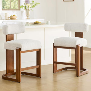 Modern Boucle Counter Height Bar Stools Set of 2 with Wood Legs