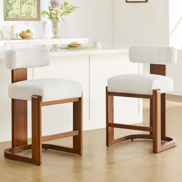 Modern Boucle Counter Height Bar Stools Set of 2 with Wood Legs