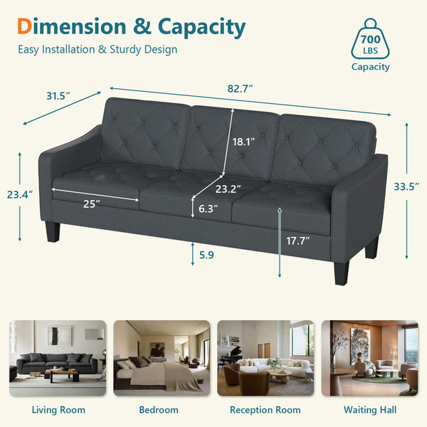 3-Seater Tufted Sofa – Linen Upholstered Couch for Living Room