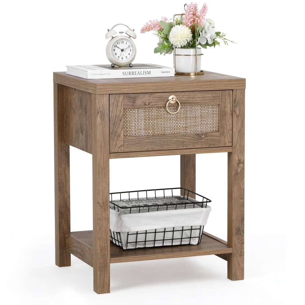 Rattan Farmhouse Nightstand Set of 2 with Drawer and Open Shelf