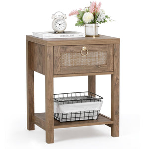 Rattan Farmhouse Nightstand Set of 2 with Drawer and Open Shelf
