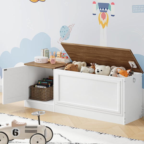 Storage Bench with Toy Box and Safety Hinge – White & Walnut, 47.2"