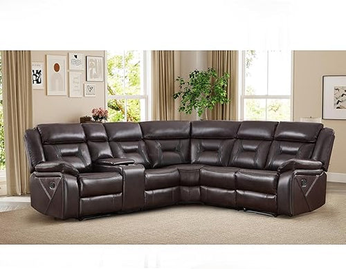 L-Shaped Faux Leather Reclining Sectional Sofa with Console & Storage
