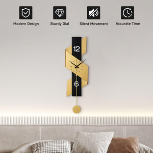 Large Modern Pendulum Wall Clock – Black & Gold Metal Analog