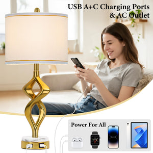 Sculptural Gold Table Lamps Set of 2 with USB Charging & Marble Base