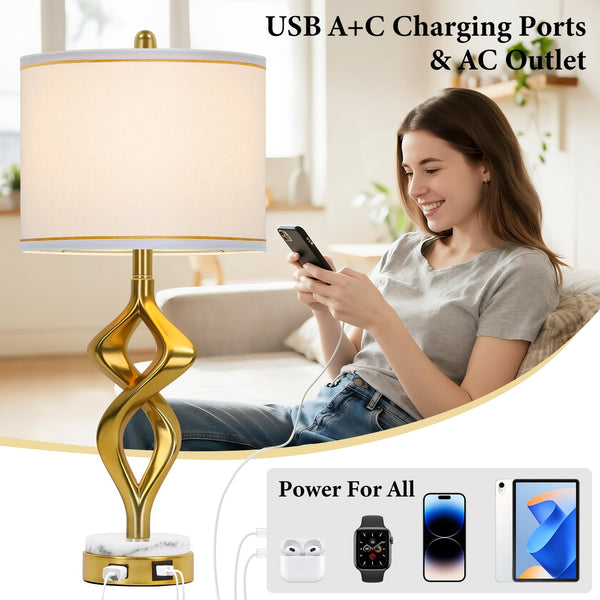 Sculptural Gold Table Lamps Set of 2 with USB Charging & Marble Base