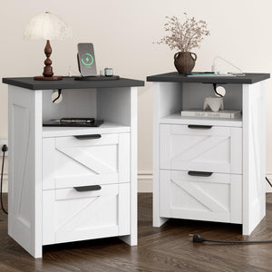 Farmhouse Nightstand Set of 2 with Charging Station & Drawers