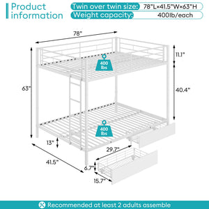 Twin Over Twin Bunk Bed with LED Lights & Storage