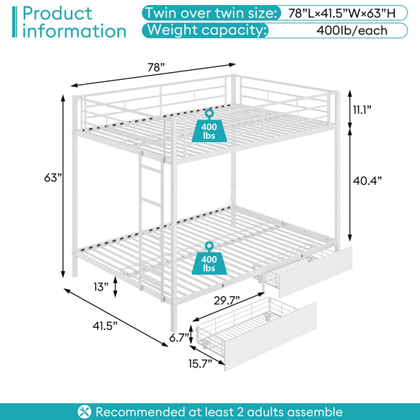 Twin Over Twin Bunk Bed with LED Lights & Storage