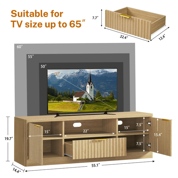 Modern Fluted TV Stand with Drawer, Cabinet & Open Shelf