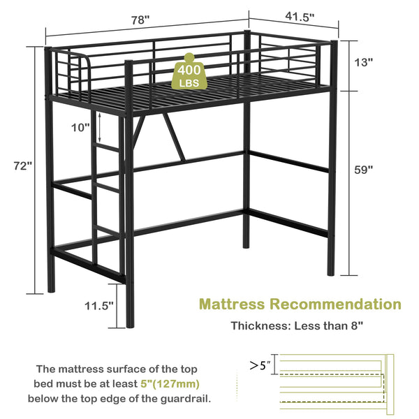 Twin Size Metal Loft Bed with Ladder & Safety Guardrail